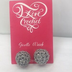 New I love Crochet ball stud earrings Crocheted silver handcrafted